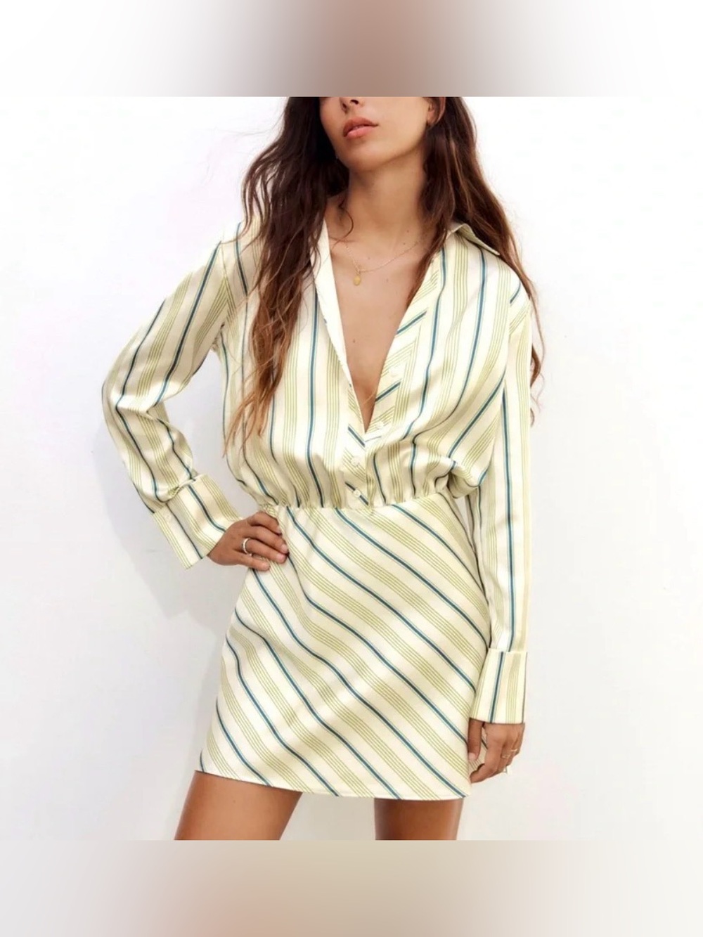 NWT Zara Striped Cream, Green, & Blue Satin Mini Dress (see notes for call out)